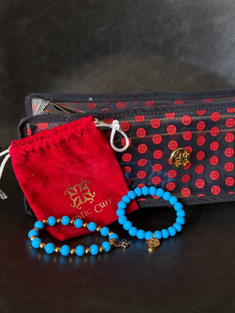 Rustic Cuff Turquoise Blue Beaded Bracelet Set with Charms and Bag